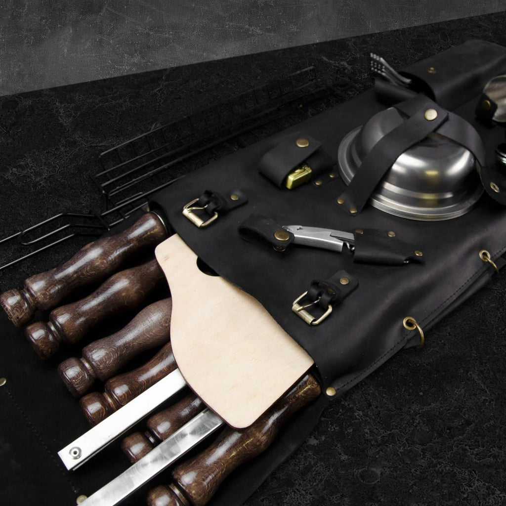 Grilling Supplies for BBQ - Outdoor Skewers Set for BBQ - Premium Barbecue Skewers Tool Sets Grill Utensils - Outdoor Grilling Set - Grill Skewers Set with Leather Case Traveler