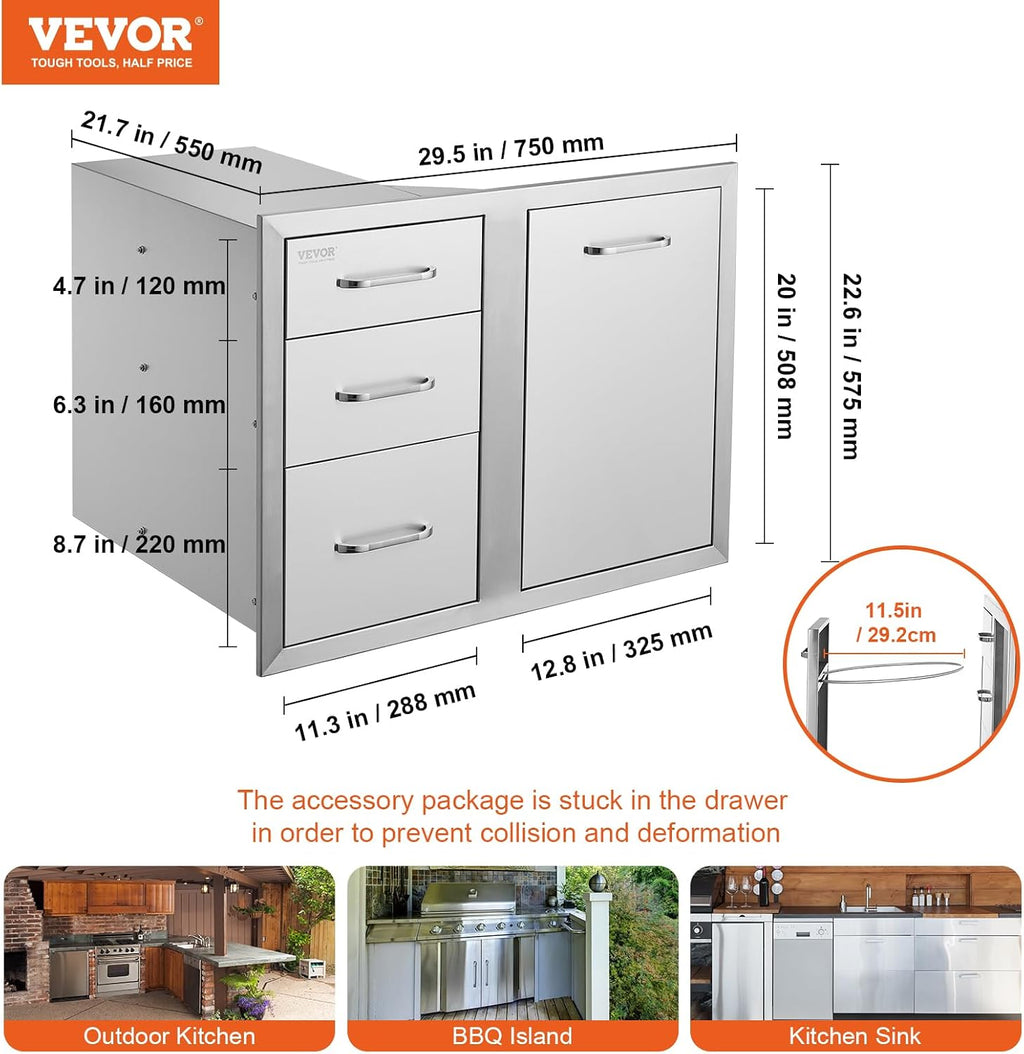VEVOR Stainless Steel Cabinet, Outdoor Kitchen Door Drawer Combo 29.5' W x 22.6' H x 21.7' D, Access Door/Triple Drawers, Propane Drawer, Adjustable Garbage Ring, BBQ Island Patio Grill Station