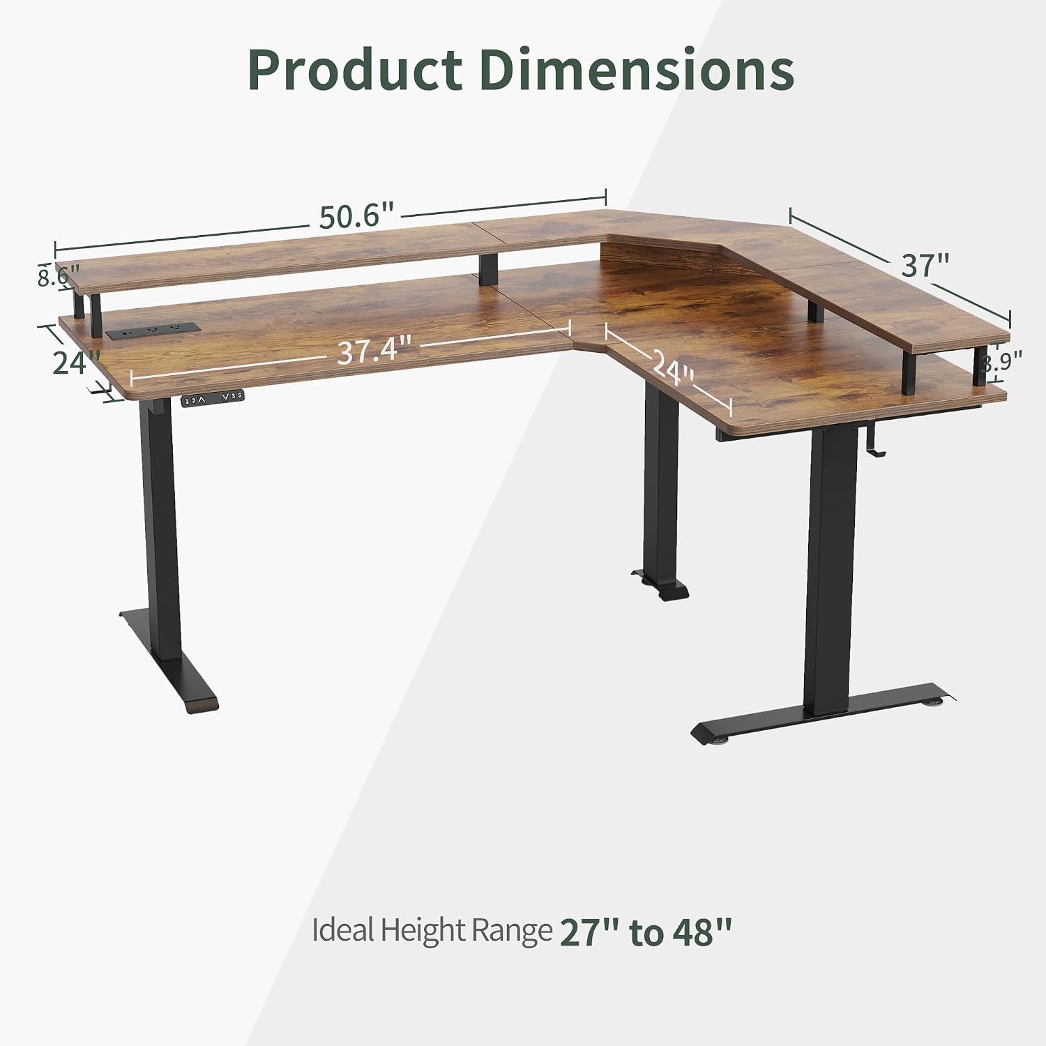 FEZIBO 63'x49' L Shaped Standing Desk with LED Strip & Power Outlets, Height Adjustable Stand up Corner Gaming Desk with Ergonomic Monitor Stand, Rustic Brown Top/Black Frame（2 Packages）