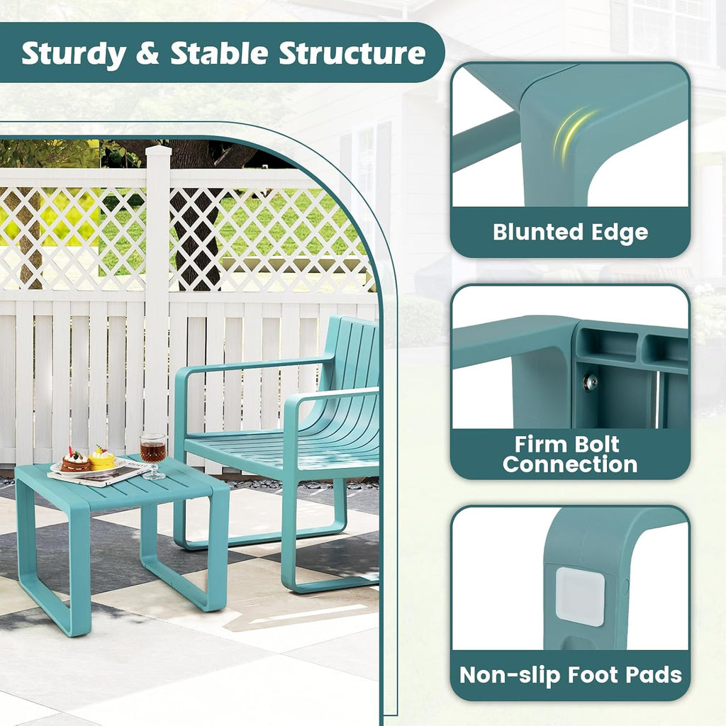 Tangkula 3-Piece Patio Furniture Set, Outdoor Conversation Set w/1 Loveseat & 2 Side Tables, All-Weather Patio Bistro Set for Lawn, Backyard, Poolside, Balcony, Garden, Deck, Blue