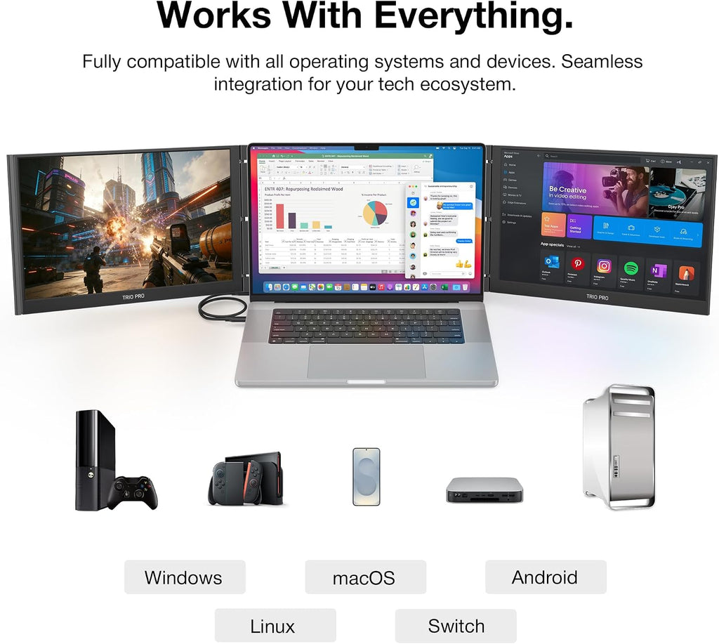 Trio 3 Pro 14.1' Mobile Pixels Portable Monitors (2026 Version), 1400p QHD Triple Monitor with Built-in Kickstand, Type-C/USB A Laptop Screen Extender(Optional Magnets), Windows/Android/macOS/Switch