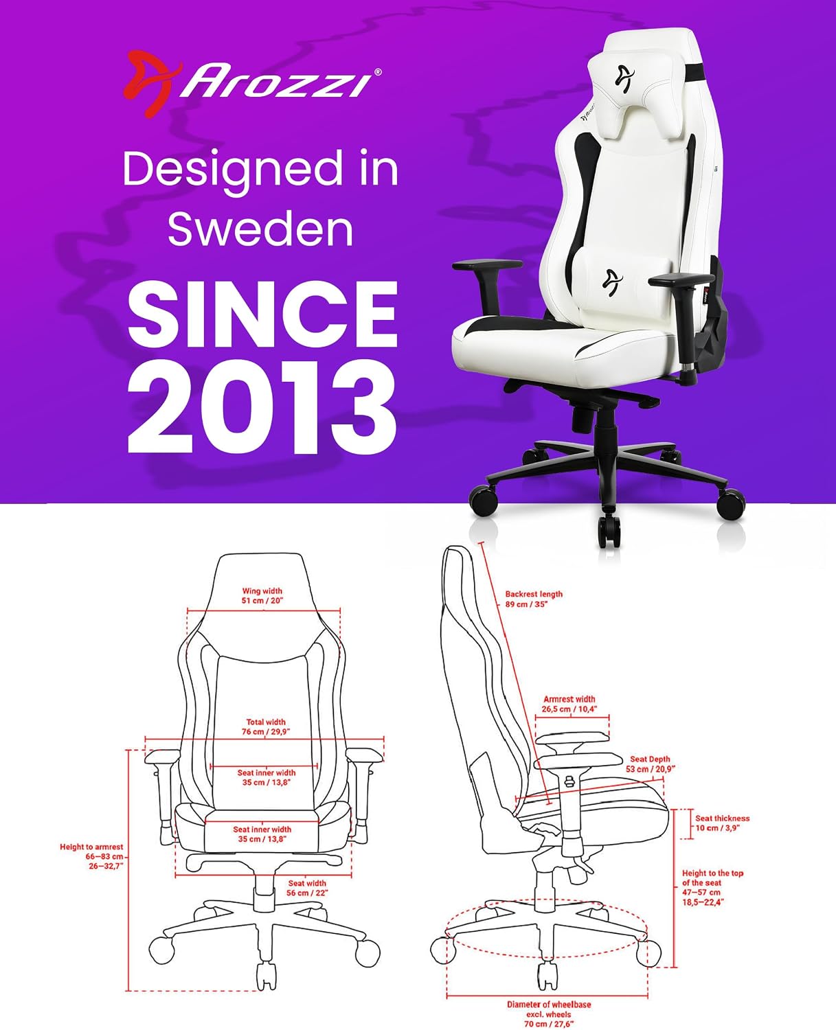 Arozzi Vernazza Gaming Chair XL - Soft PU Gaming Chairs for Adults Adjustable Height, Large Spacious Seat & Backrest with Support Pillows - Swedish Design Home Office Computer Chairs, White