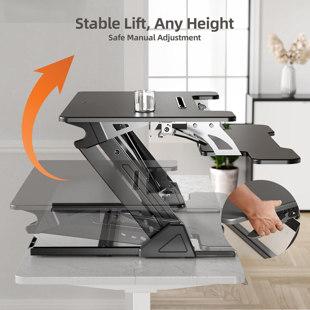 Claiks Standing Desk Converter 32 inch, Height Adjustable Sit Stand Up Desk Riser, Quick Sit to Stand Tabletop Dual Monitor Riser Workstation for Home Office with Keyboard Tray, Black