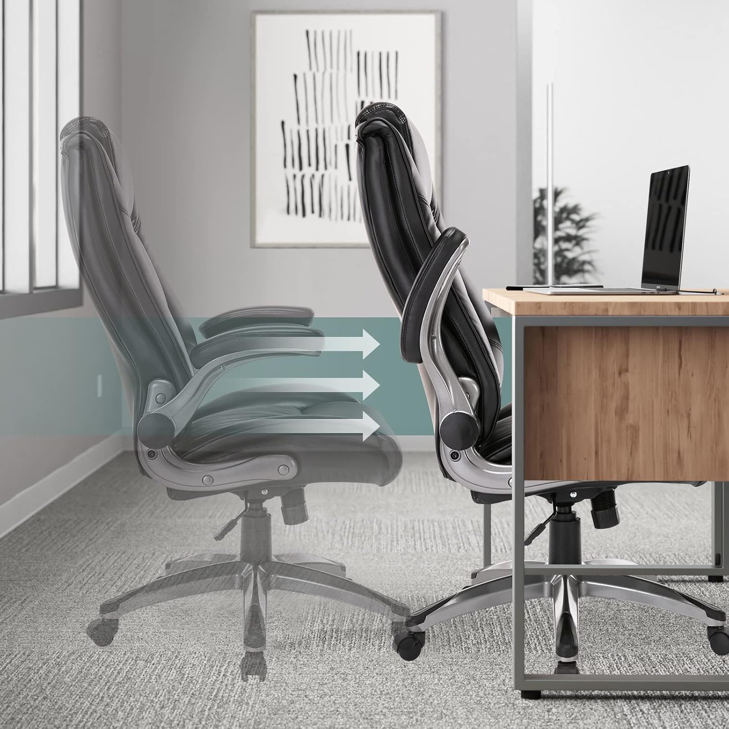 MALOL Leather Executive Office Chair - High Back Home Computer Desk Chair with Padded Flip-up Arms, Adjustable Tilt Lock, Swivel Rolling Ergonomic Chair for Adult Working Study, Black