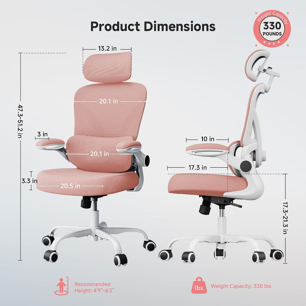 Ergonomic Office Chair, 330LBS Desk Chair with 3-Level Lumbar Support & Headrest, Breathable Mesh Backrest, Flip-Up Armrests for Home Office and Gaming, Pink