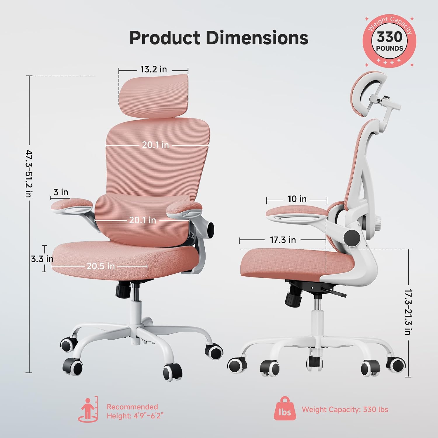 Ergonomic Office Chair, 330LBS Desk Chair with 3-Level Lumbar Support & Headrest, Breathable Mesh Backrest, Flip-Up Armrests for Home Office and Gaming, Pink