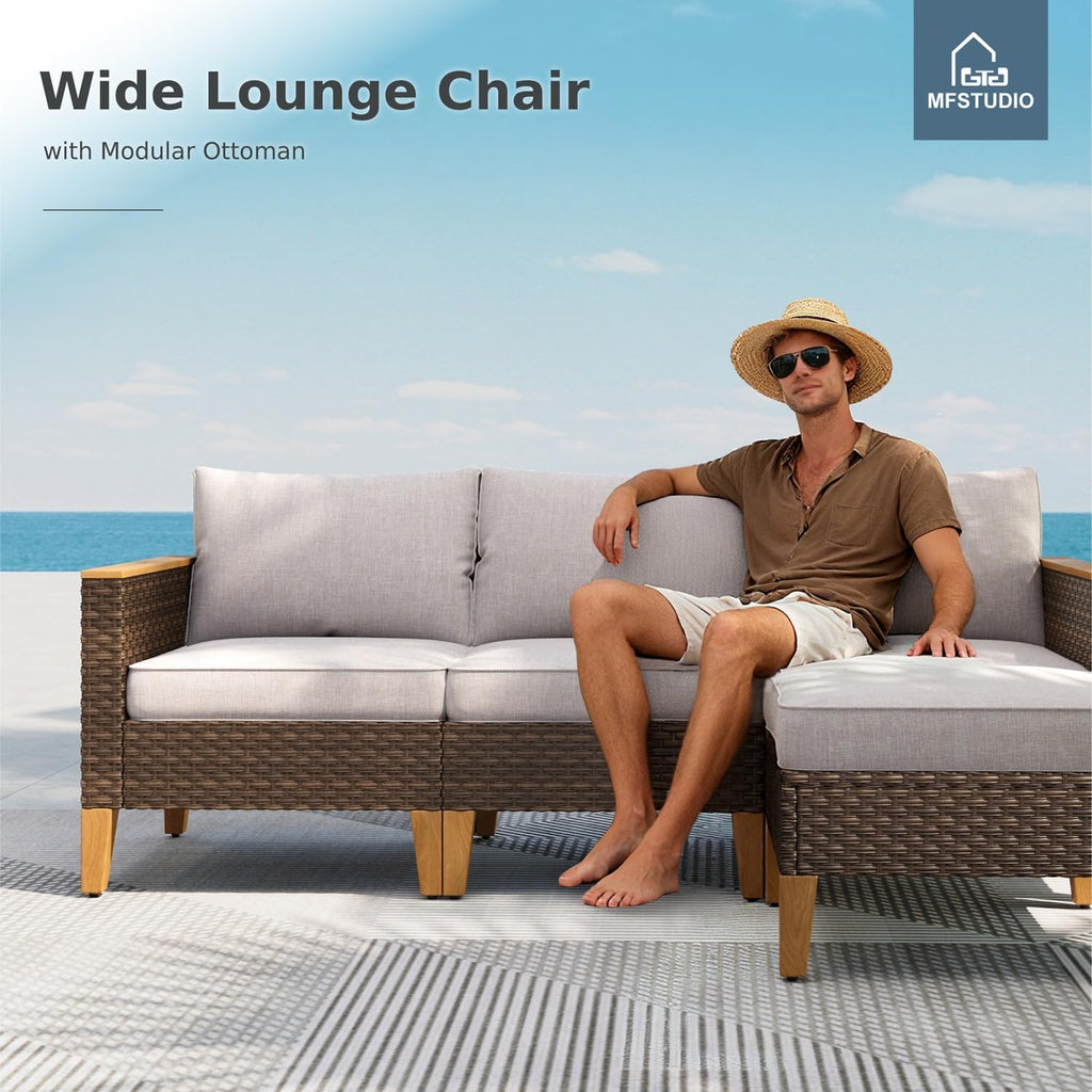 MFSTUDIO 8 Piece Wicker Patio Furniture Set, 4 x Swivel Chair, 2 x Ottoman, 2 x Corner Sofa, All-Weather PE Rattan Patio Conversation Set Outdoor Sectional Sofas for Garden(Beige Cushions)