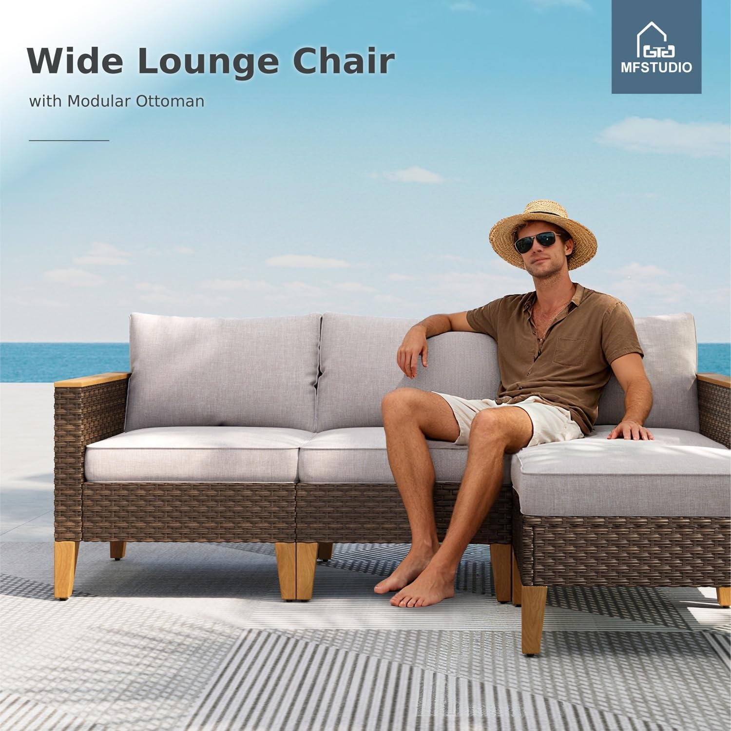 MFSTUDIO 8 Piece Wicker Patio Furniture Set, 4 x Swivel Chair, 2 x Ottoman, 2 x Corner Sofa, All-Weather PE Rattan Patio Conversation Set Outdoor Sectional Sofas for Garden(Beige Cushions)
