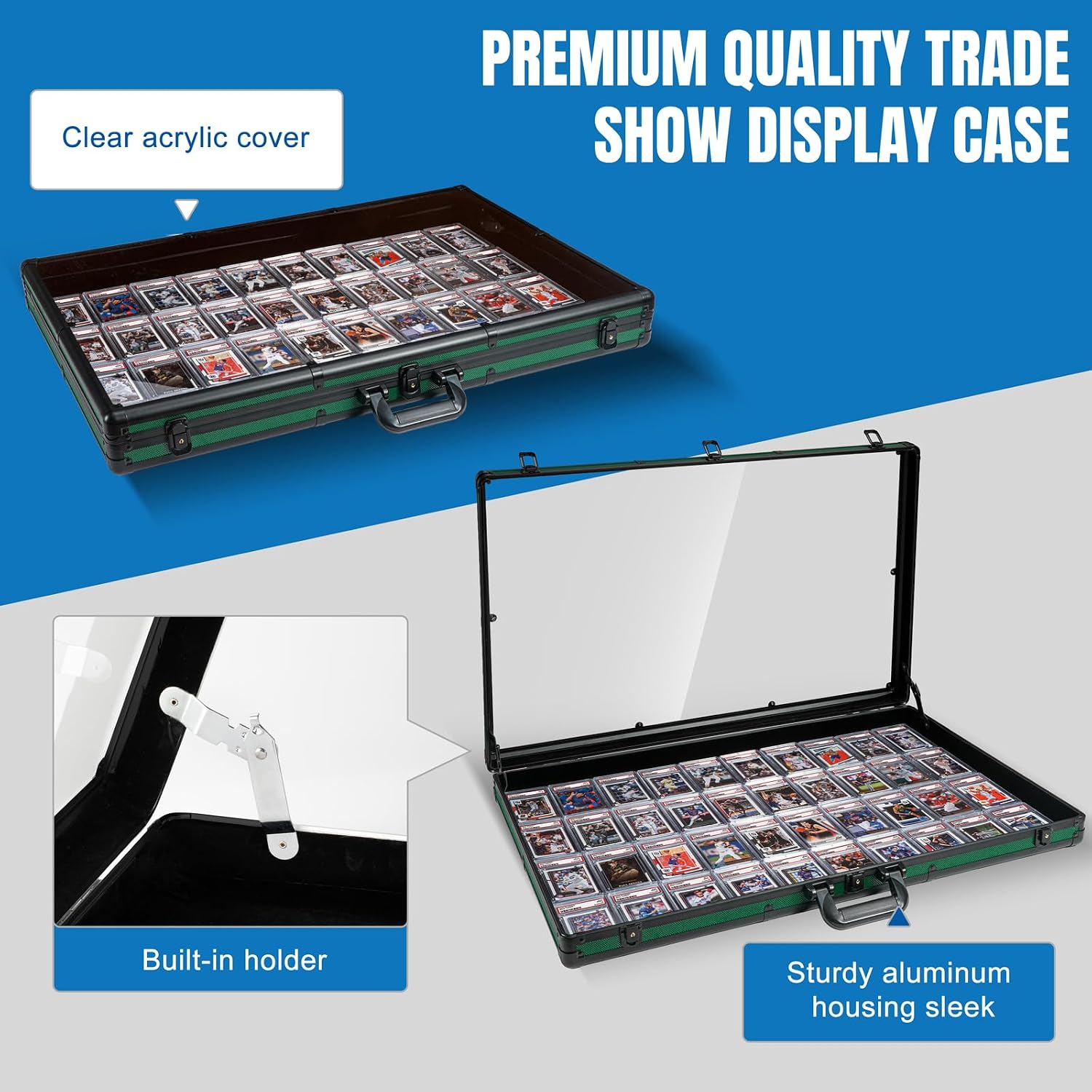 Large Green Cards Trade Show Display Case, Portable Aluminum Trading and Graded Card Display Frame with Locks, Table Top Aluminum Holder with Clear Acrylic Showcase for Jewelry Craft Collector Shows