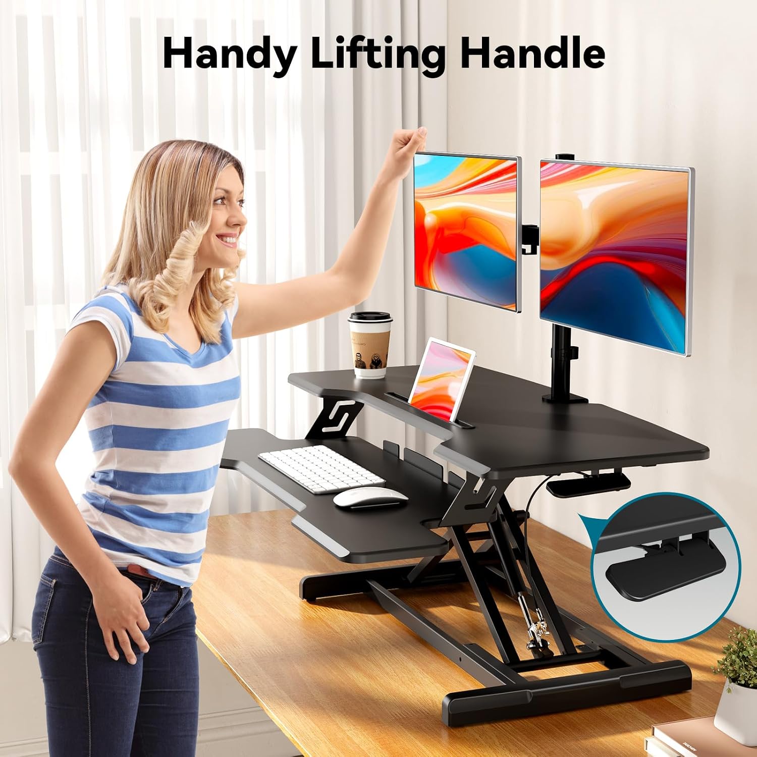 35' Standing Desk Converter, Height Adjustable Desktop Riser with Keyboard Tray for Two Monitors, Sit to Stand up Computer Workstation for Home Office, Black
