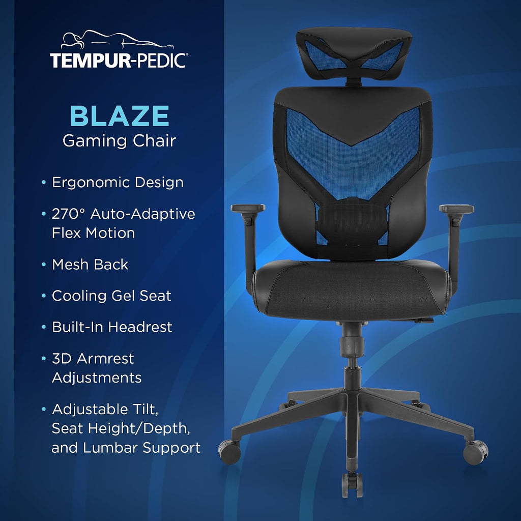 Tempur-Pedic Blaze Auto-Adaptive Ergonomic Gaming Chair with Lumbar Support and 3D Armrest Adjustment, Cooling Racing Style Gaming Chair, Black