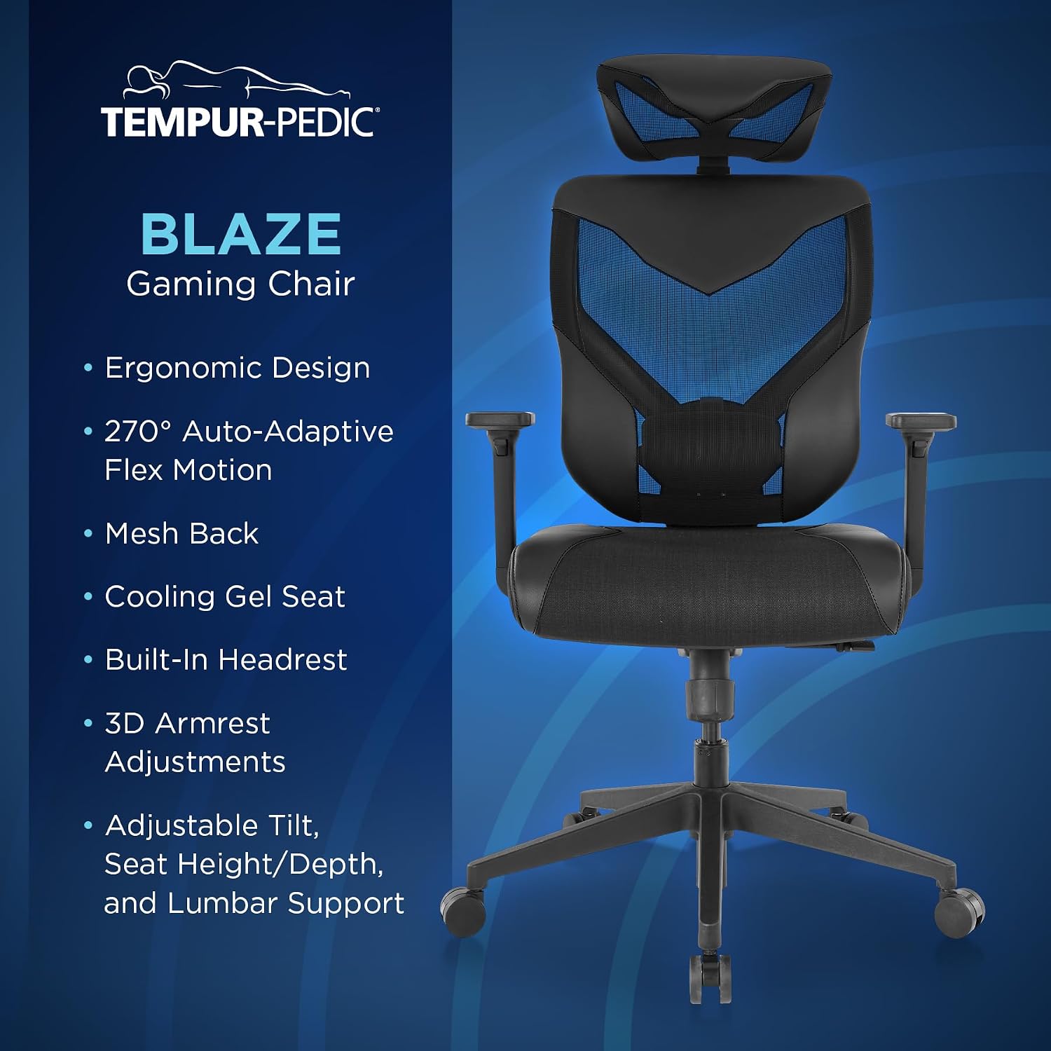 Tempur-Pedic Blaze Auto-Adaptive Ergonomic Gaming Chair with Lumbar Support and 3D Armrest Adjustment, Cooling Racing Style Gaming Chair, Black