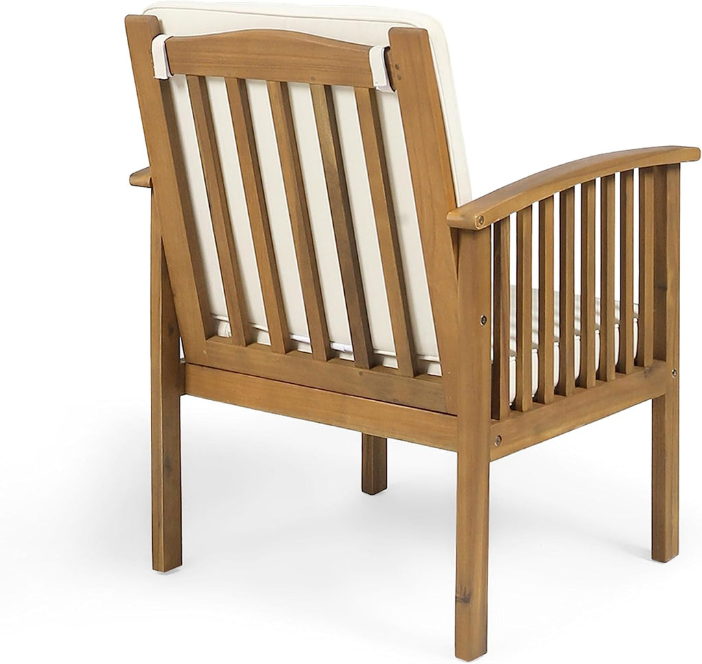 Christopher Knight Home Kiin 3 Pieces Outdoor Patio Furniture Set, Acacia Wood Patio Conversation Set, Side Table and Club Chairs with Cushion for Garden Backyard Balcony, Brown + Cream + Light Teak