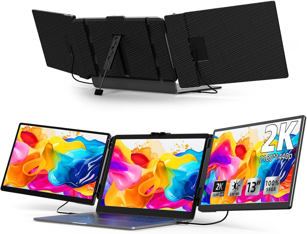 KOJOM 2K Laptop Screen Extender - 13' IPS 1440P Triple Screen Laptop Monitor Extender Plug & Play Multi Screen Attachment for 13'-17' Laptops Compatible with Wins Mac Dex Chrome Travel Gaming Work