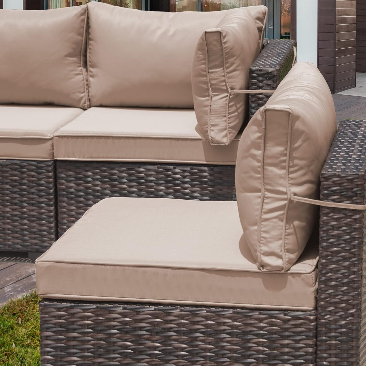 8 Pieces Outdoor Patio Furniture Set,Outdoor Sectional Furniture with 43' 55000 BTU Gas Propane Fire Pit Table,All Weather PE Rattan Wicker Patio Conversation Set,Sand