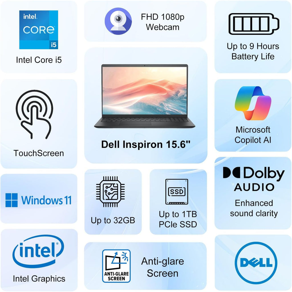 Dell 15.6' FHD Touchscreen Laptop | 13th Gen Intel Core i5-1334U(Beat i7-1250U) | 8GB RAM | 512GB PCIe SSD | Wi-Fi 6 | SD Card Reader | Copilot AI | USB-C | Business & Study Ready | Windows 11