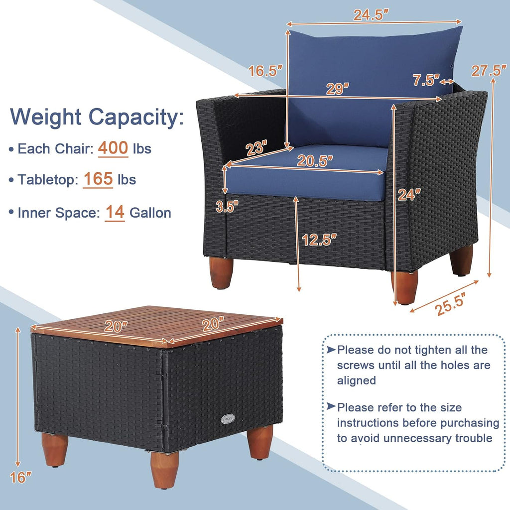 COSTWAY 3 Pieces Patio Rattan Furniture Set, Outdoor Wicker Conversation Chairs Set with Acacia Wood Coffee Table & Washable Cushion, Porch Furniture Bistro Set for Balcony, Garden, Backyard, Navy