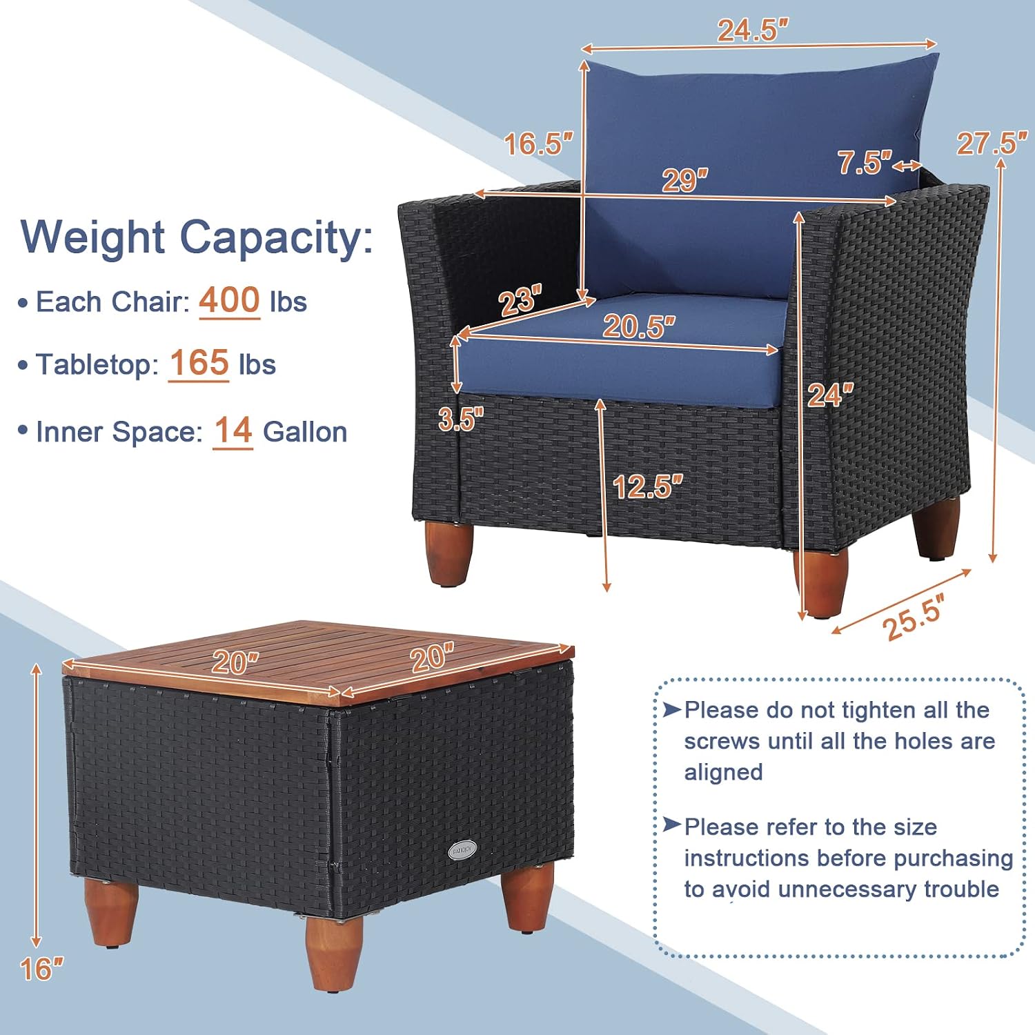 COSTWAY 3 Pieces Patio Rattan Furniture Set, Outdoor Wicker Conversation Chairs Set with Acacia Wood Coffee Table & Washable Cushion, Porch Furniture Bistro Set for Balcony, Garden, Backyard, Navy