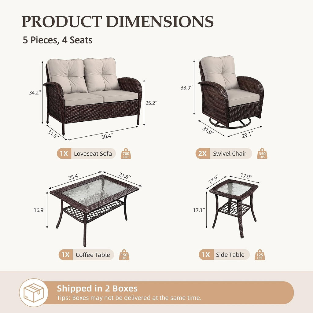 UPHA 5 Pieces Patio Furniture Sets, Wicker Outdoor Loveseat Sofa Set with Swivel Chairs, Patio Conversation Set for Deck Backyard Garden, Brown Rattan, Beige Cushion