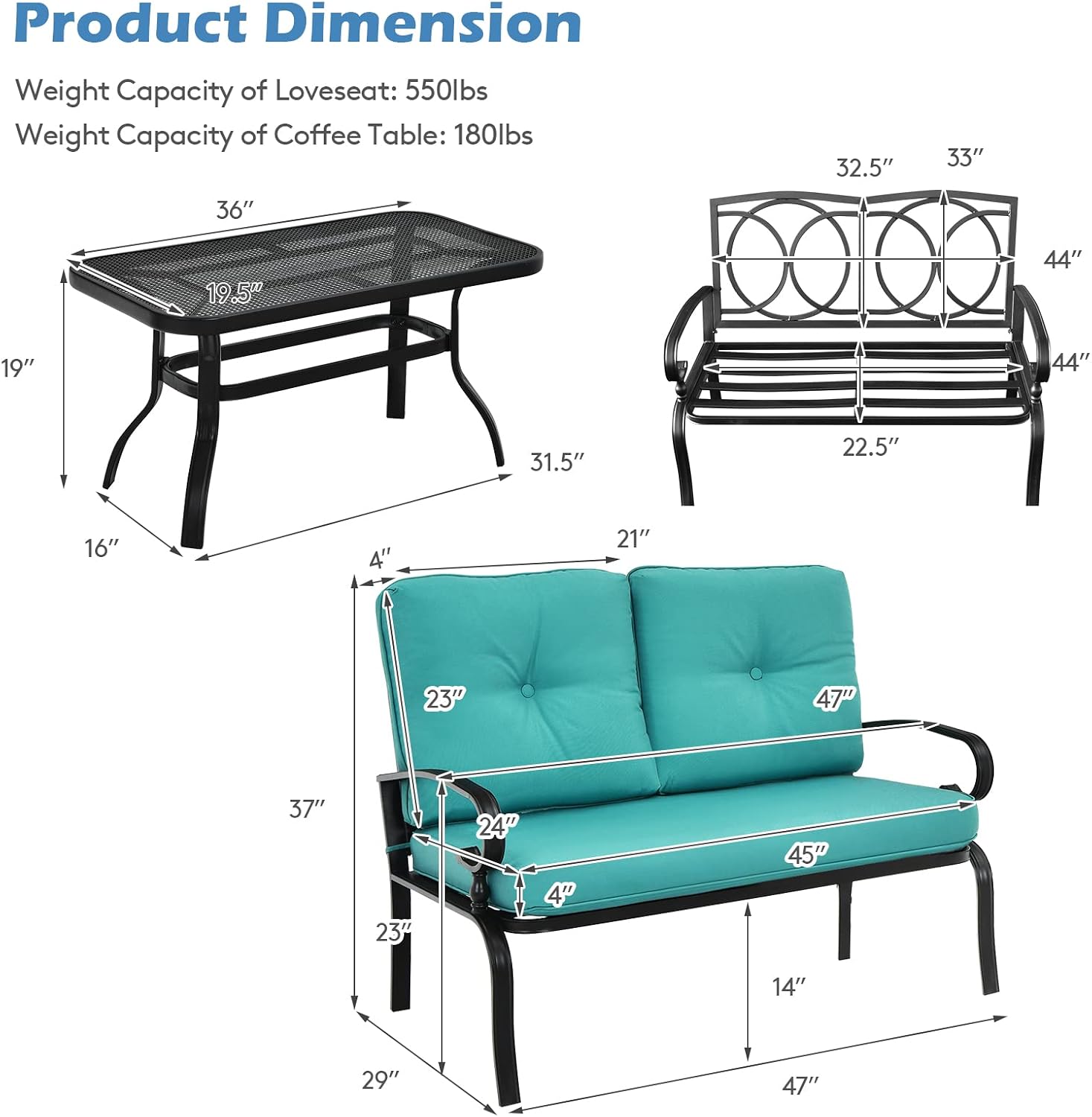 Giantex Patio Loveseat with Coffee Table Outdoor Bench with Cushion and Metal Frame, Loveseat Porch Furniture Set Sofa for Garden, Yard, Patio or Poolside
