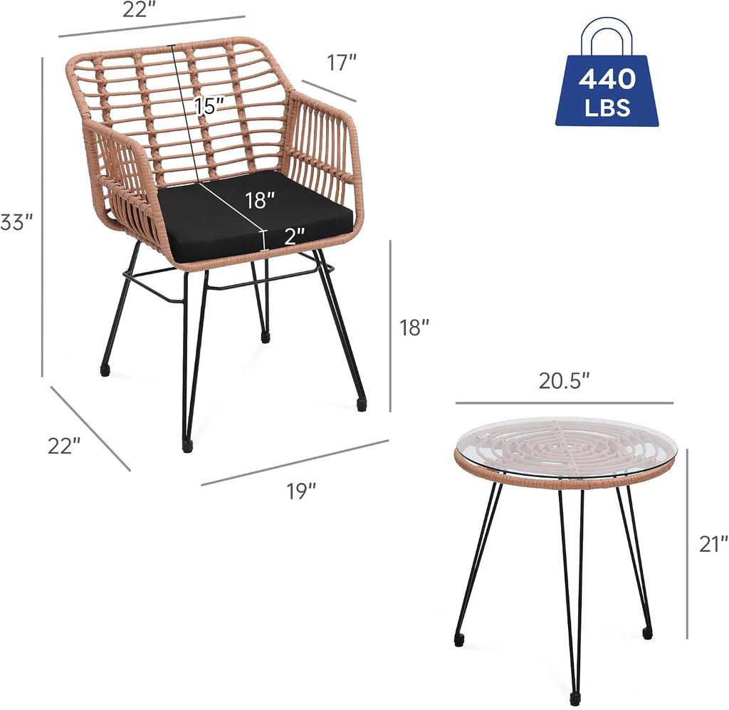 KROFEM 3 Piece Wicker Patio Bistro Furniture Set, Includes 2 Rattan Chairs and Glass Top Table, Ideal for Porch, Outdoor, Backyard, Apartment, Balcony, Natural