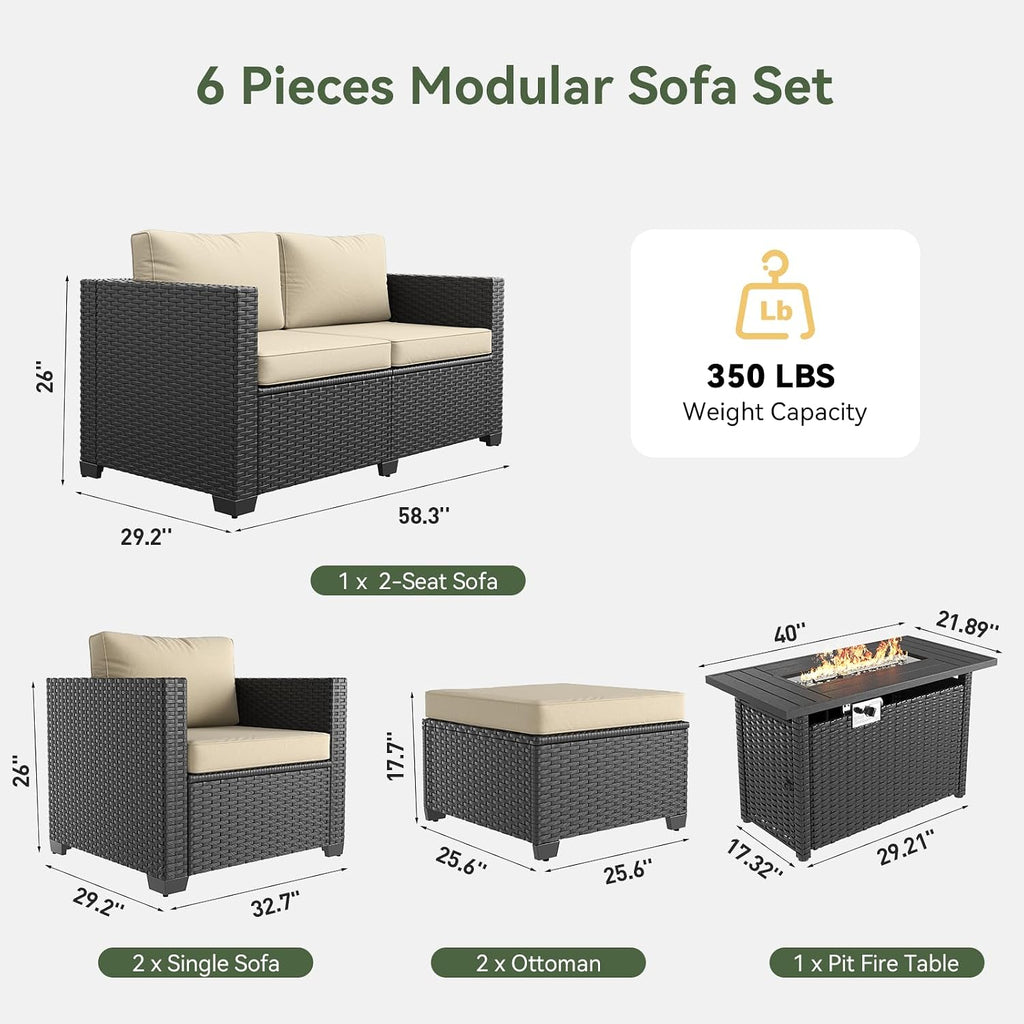 Aoxun Patio Furniture Set with Fire Pit Table, 6 Seats Outdoor Furniture Set with Wicker Ottomans, Rattan Outdoor Sectional Sofa with Thickened Cushion & Waterproof Cover Beige