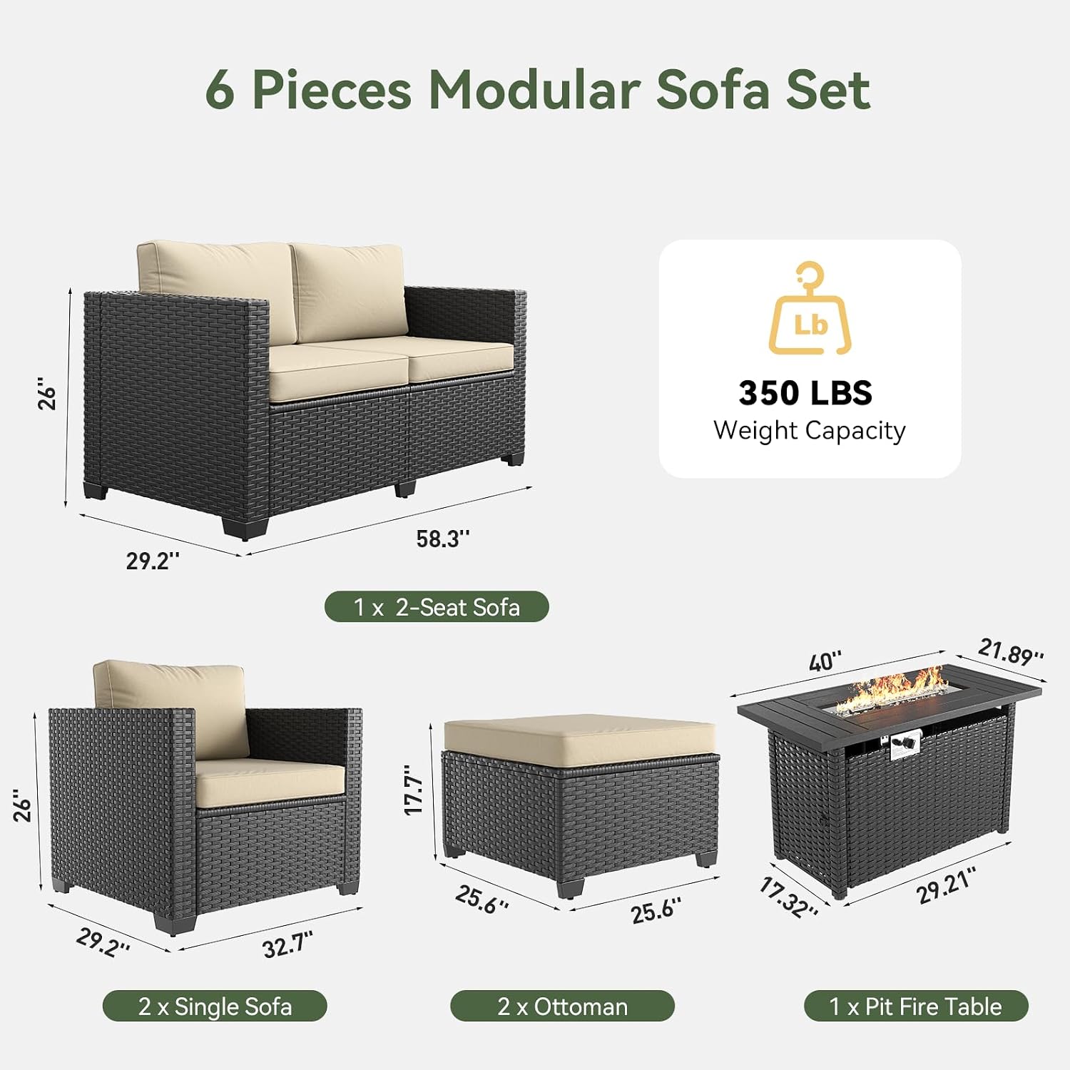 Aoxun Patio Furniture Set with Fire Pit Table, 6 Seats Outdoor Furniture Set with Wicker Ottomans, Rattan Outdoor Sectional Sofa with Thickened Cushion & Waterproof Cover Beige