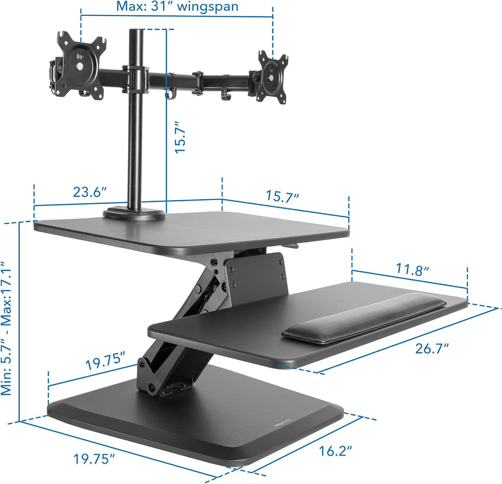 Mount-It! Standing Desk Converter, Stand Up Desk Riser with Dual Monitor Mount, Adjustable Workstation in Black, Top Platform 23' Wide, Keyboard Mouse Tray 27' Wide, Raises 5' to 17' Tall
