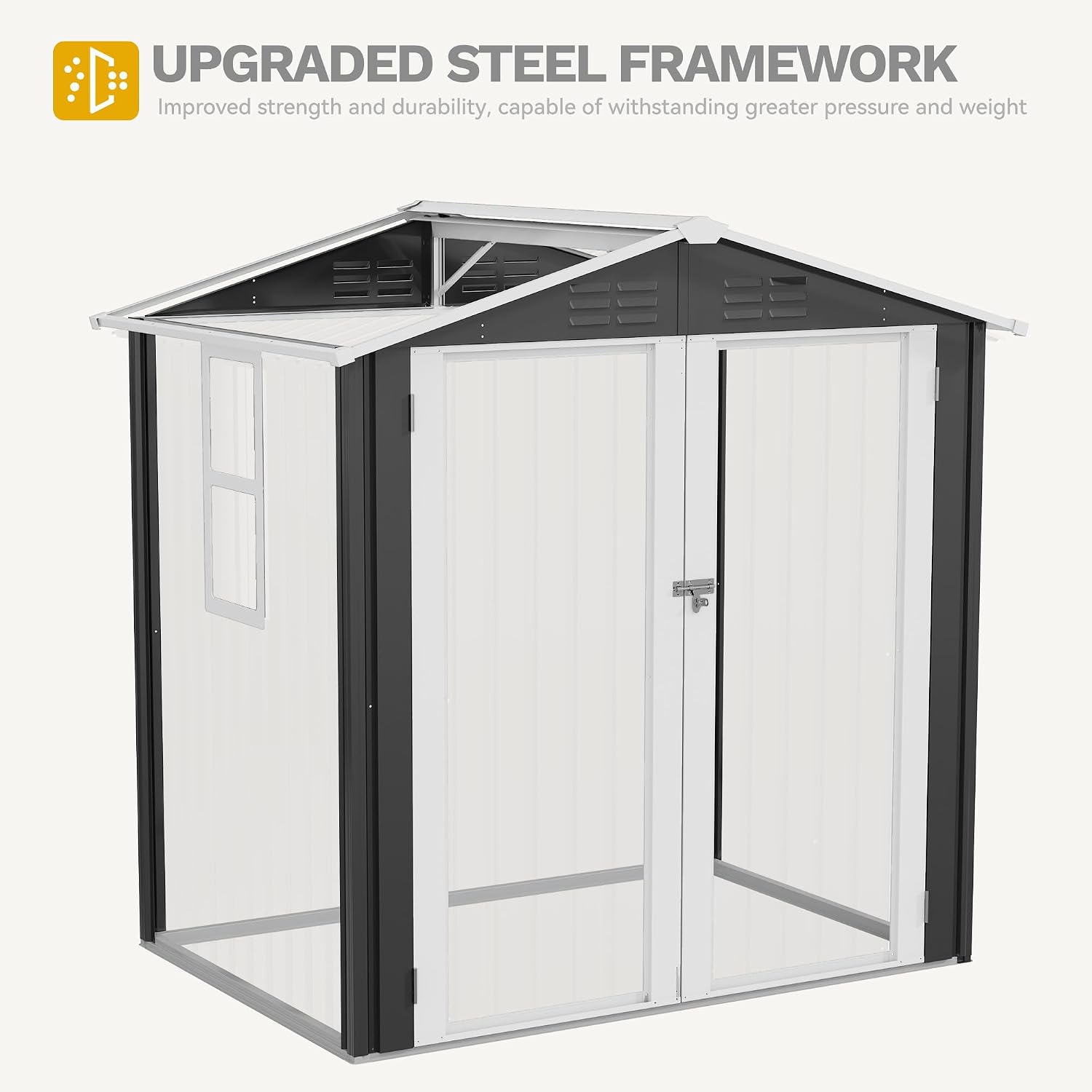 DWVO 6x4ft Outdoor Storage Shed with Window, Metal Lockable Metal Garden Shed with Sloped Roof for Tools, Bikes, Ideal for Backyard, Patio, Garage, Lawn (Gray + White)