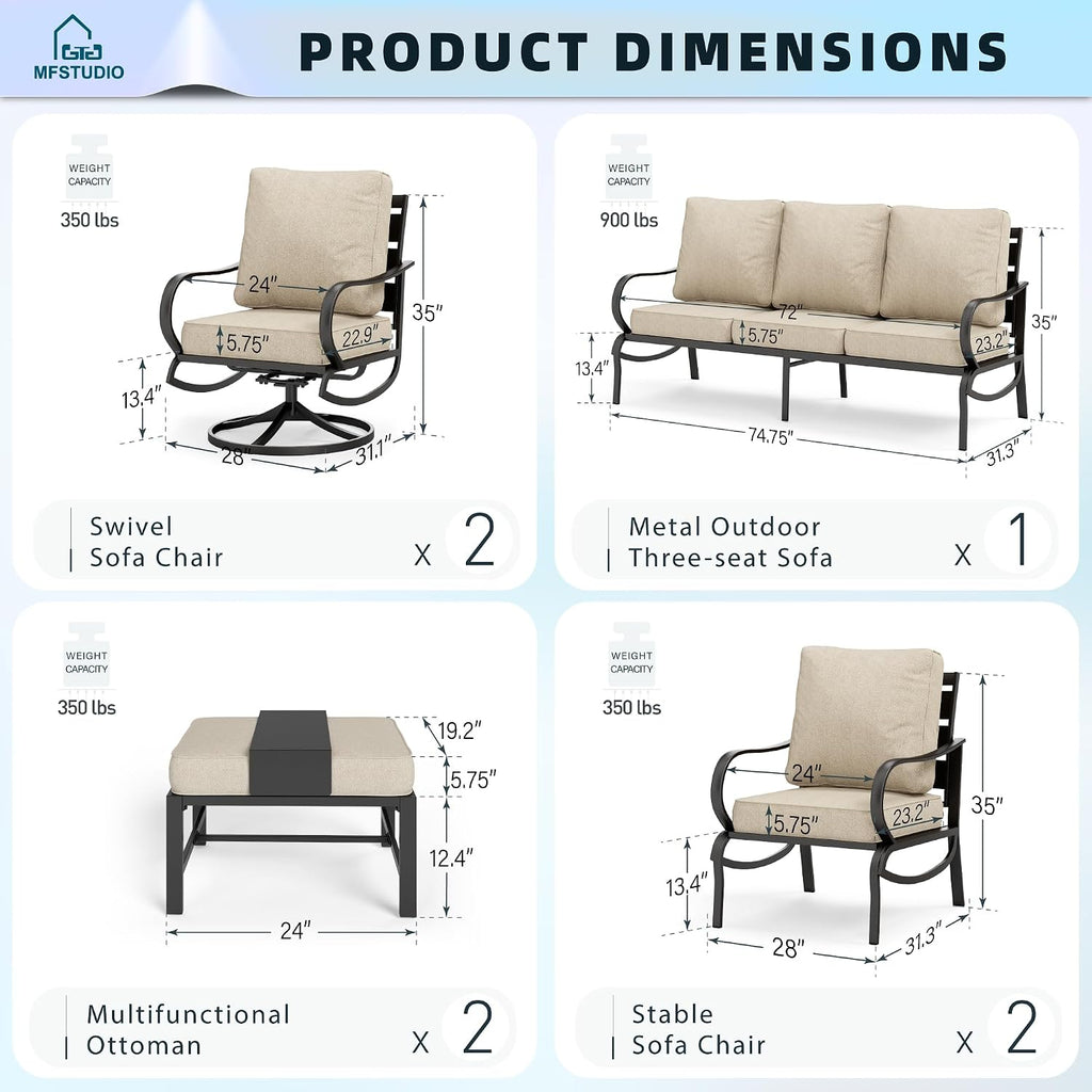MFSTUDIO 7 Pieces Metal Patio Furniture Sets, 2 Swivel Chairs, 3-Seat Deep Seating Sofa, 2 Single Couch and 2 Ottoman, All Weather 9 Seats Outdoor Conversation Set for Garden Backyard，Beige Cushion