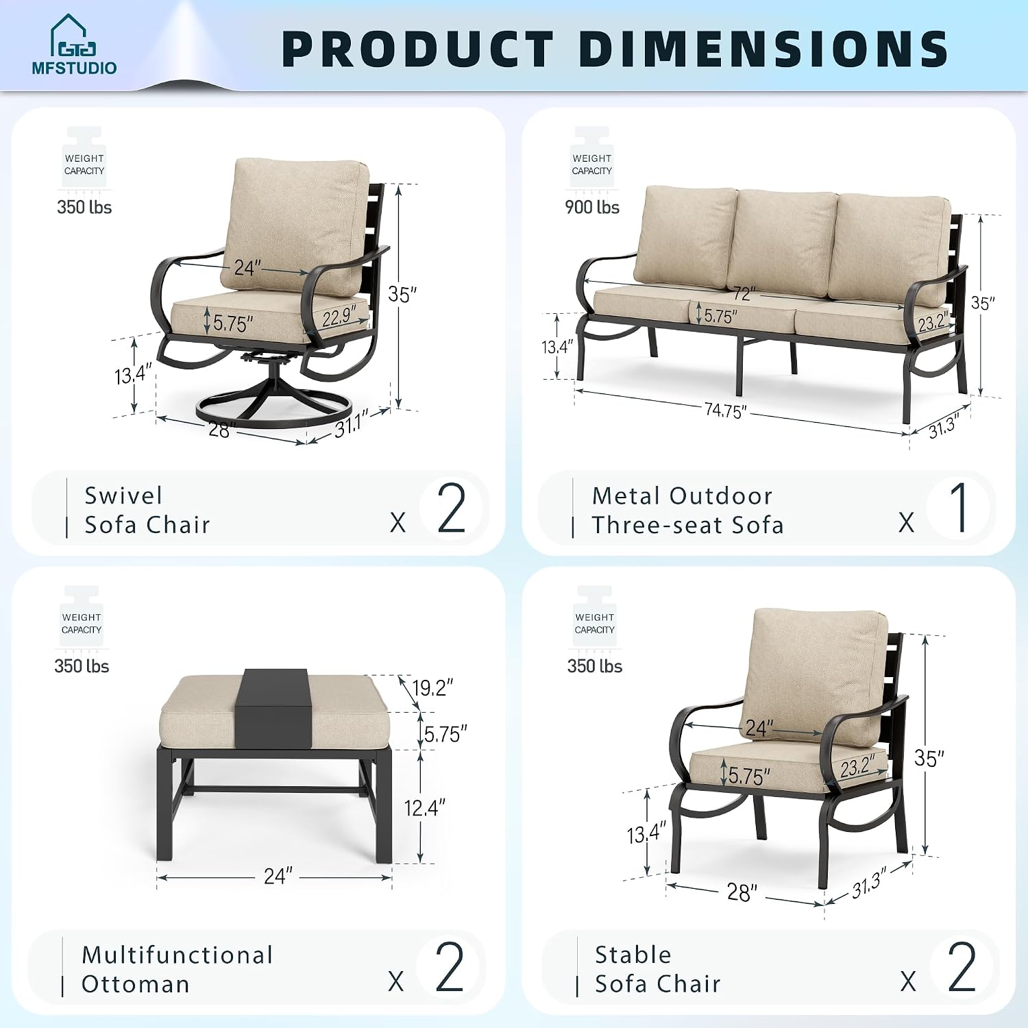 MFSTUDIO 7 Pieces Metal Patio Furniture Sets, 2 Swivel Chairs, 3-Seat Deep Seating Sofa, 2 Single Couch and 2 Ottoman, All Weather 9 Seats Outdoor Conversation Set for Garden Backyard，Beige Cushion
