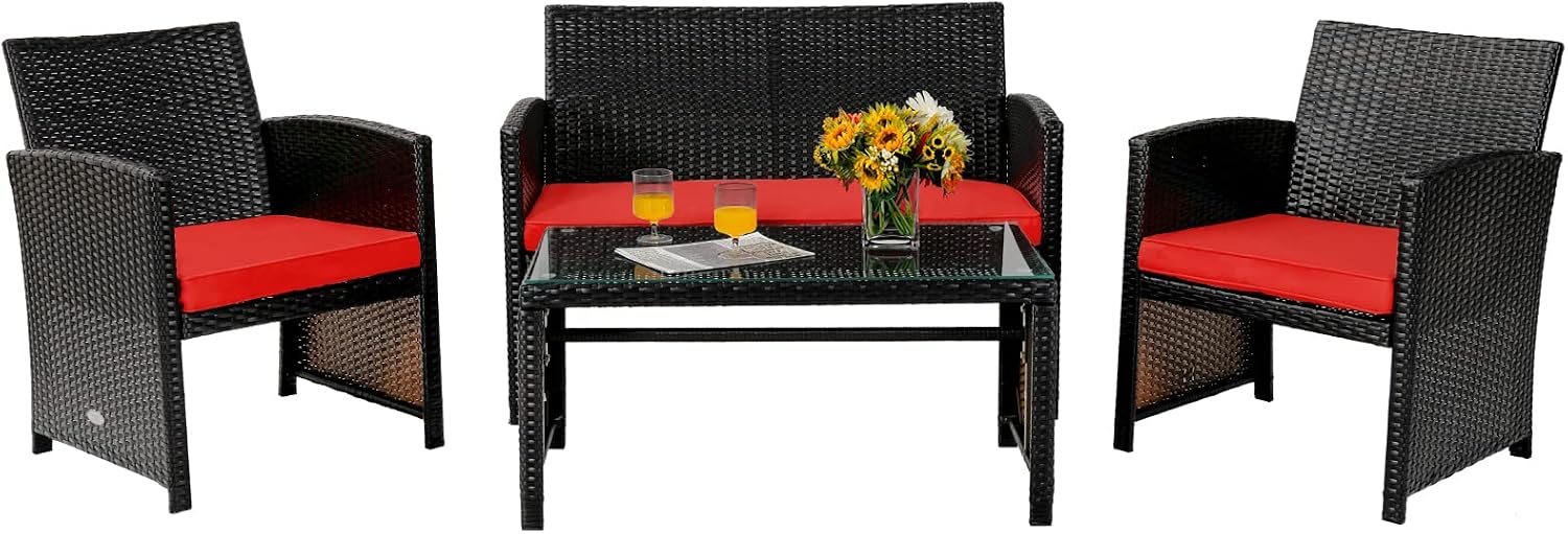 Tangkula 4 Pieces Rattan Furniture Set, Outdoor Conversation Set w/Chair & Loveseat & Tempered Glass Coffee Table, Suitable for Garden, Backyard, Poolside, Patio Furniture Set for 4 (1, Red)