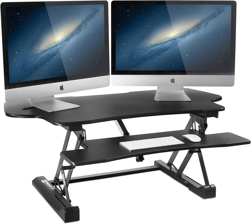 Mount-It! 48.5' Electric Standing Desk Converter for Dual Monitors, Motorized Sit Stand Electric Desk Riser with USB Port & Device Slot, Keyboard Tray, Adjustable Height Ergonomic Workstation, Black