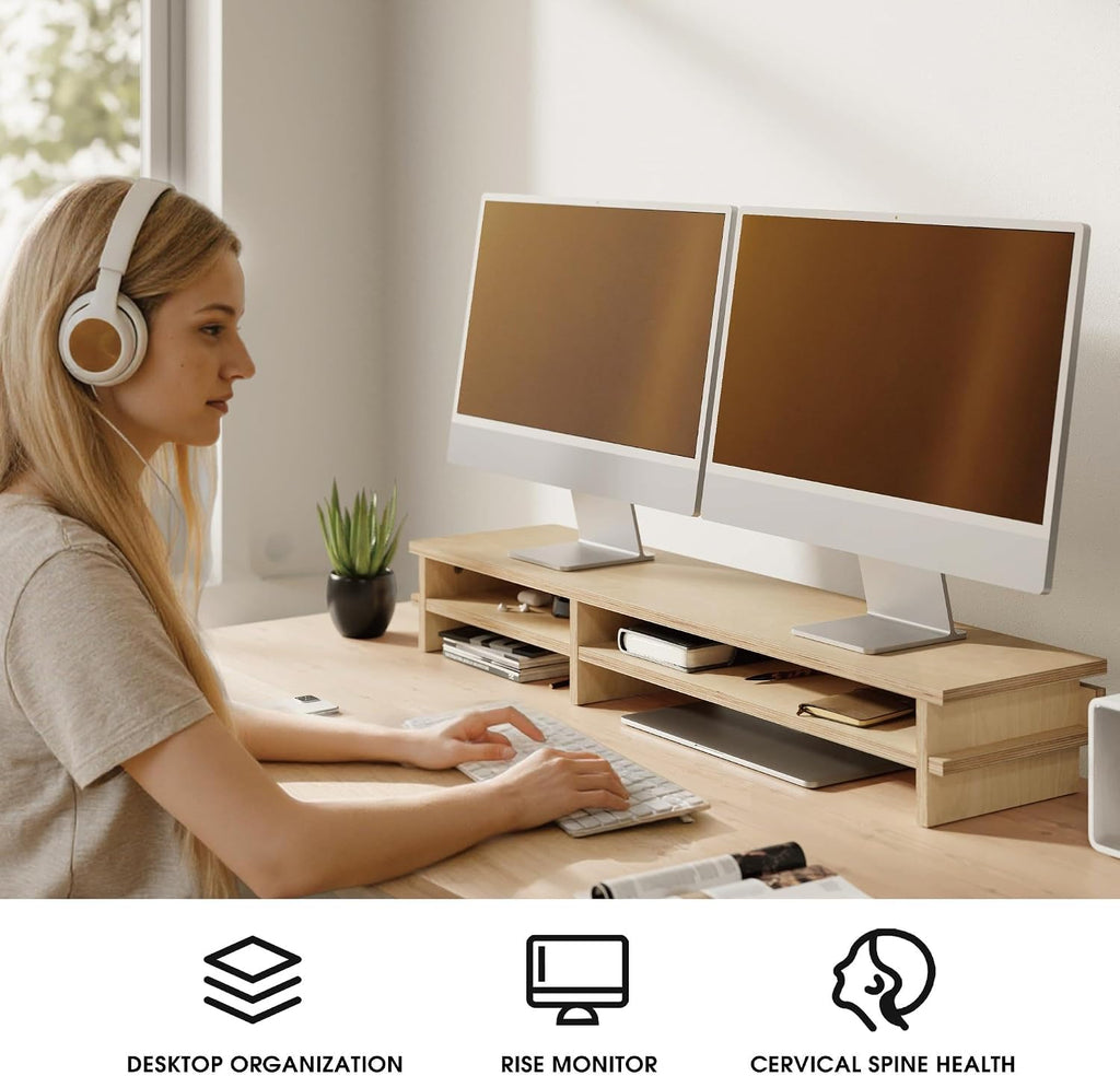 Fenge Dual Monitor Stand, 39.4in Wood Monitor Riser for 2 Monitors, 2 Tiers Desk Shelf with Cable Mangement for Top of Desk, Computer Stand for Laptop, PC, Printer