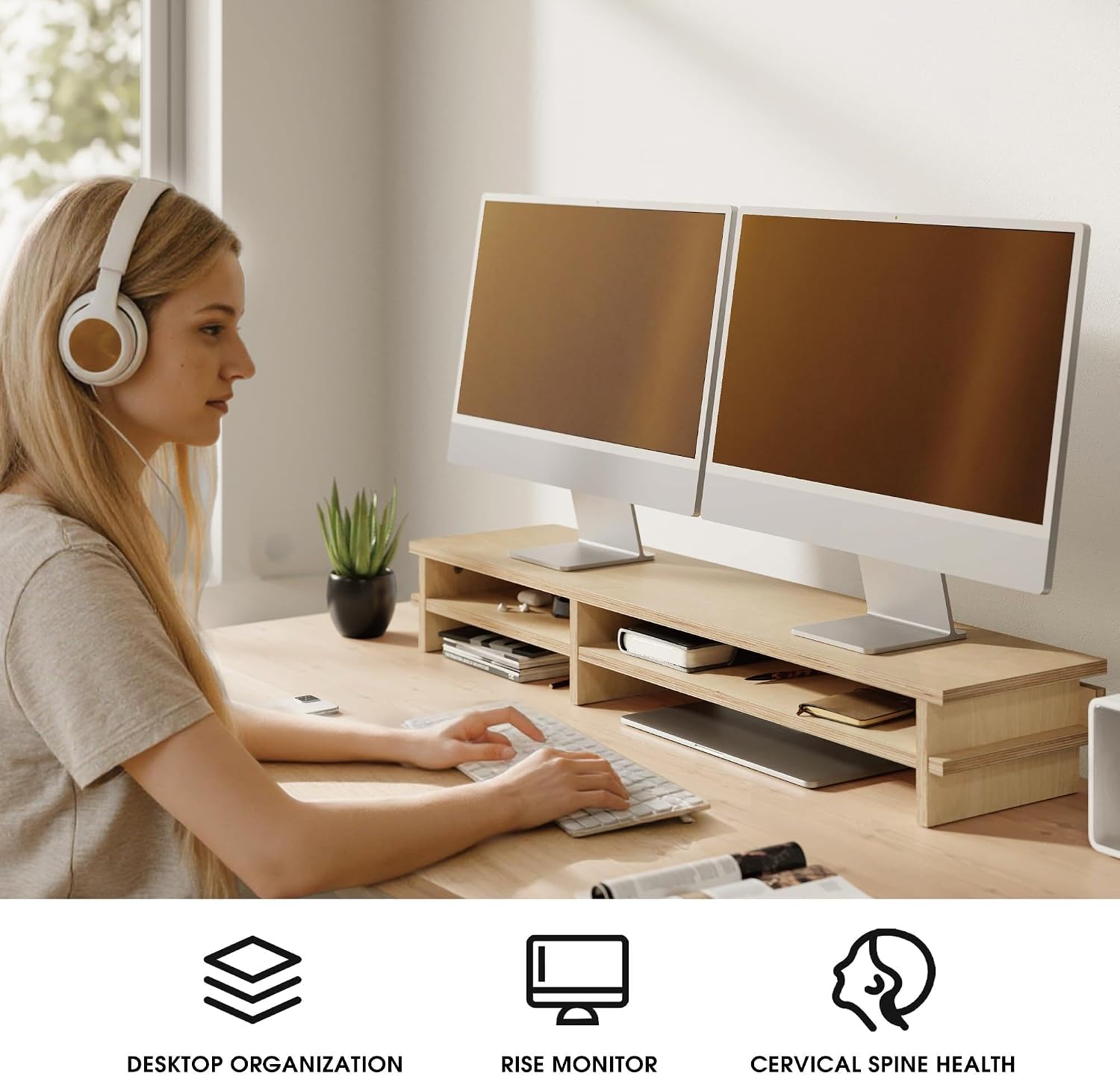 Fenge Dual Monitor Stand, 39.4in Wood Monitor Riser for 2 Monitors, 2 Tiers Desk Shelf with Cable Mangement for Top of Desk, Computer Stand for Laptop, PC, Printer