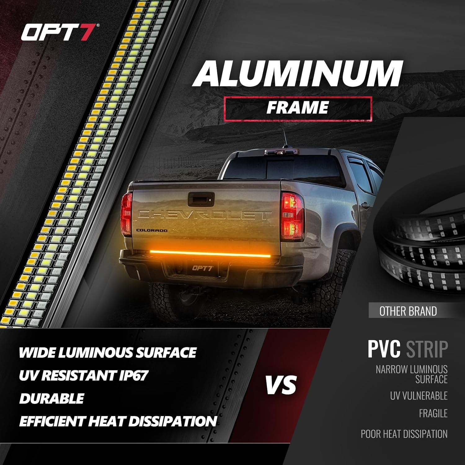 OPT7 Plug'n'Play Bundle for 2015-2020 F150 w/Blind Spot Monitor – 48' Redline Triple Row LED Tailgate Light Bar w/Sequential Amber Turn + Easy Connect Harness