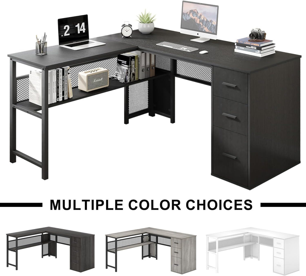 LVB Black L Shaped Desk, Reversible Computer Office Desk with Drawers, Modern Large L Shape Gaming Desk Table with File Cabinets, Wood Executive Corner Desk with Storage Shelf for Bedroom, 59 Inch
