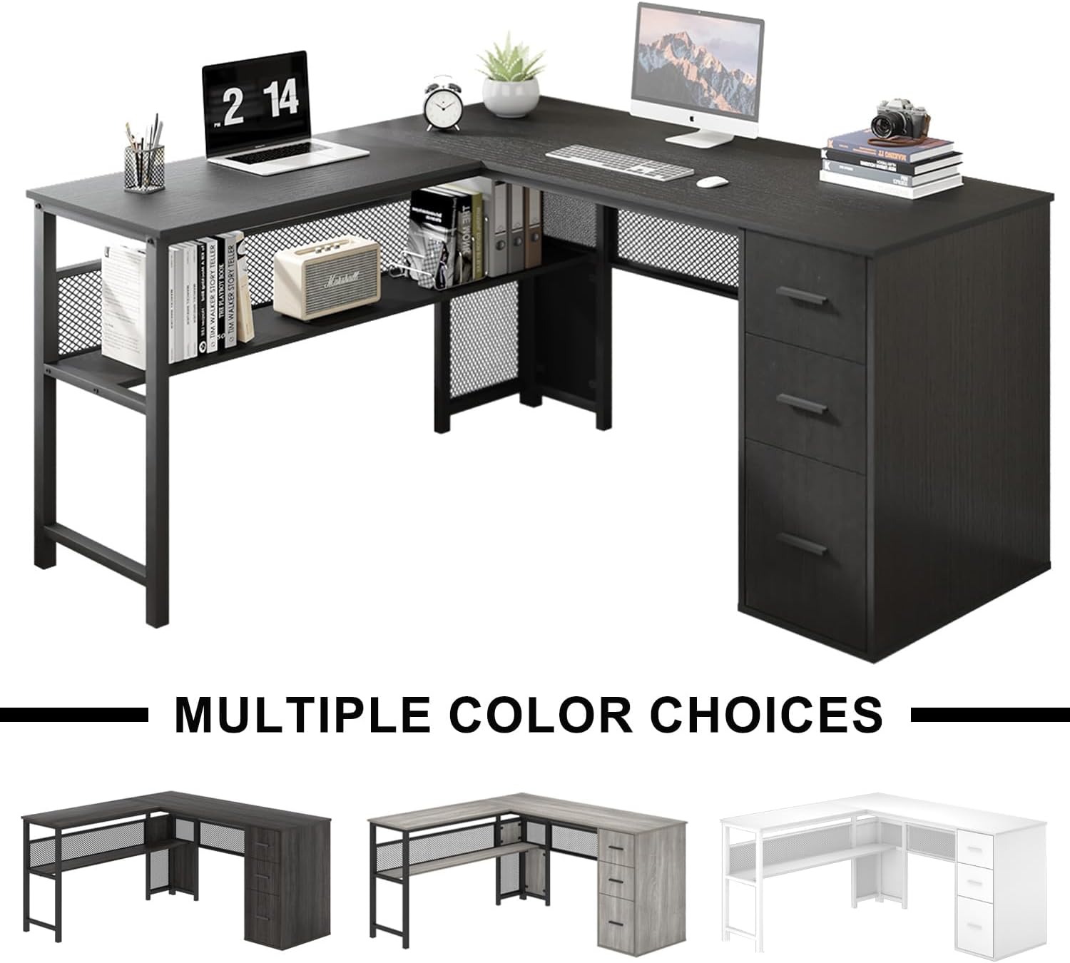 LVB Black L Shaped Desk, Reversible Computer Office Desk with Drawers, Modern Large L Shape Gaming Desk Table with File Cabinets, Wood Executive Corner Desk with Storage Shelf for Bedroom, 59 Inch