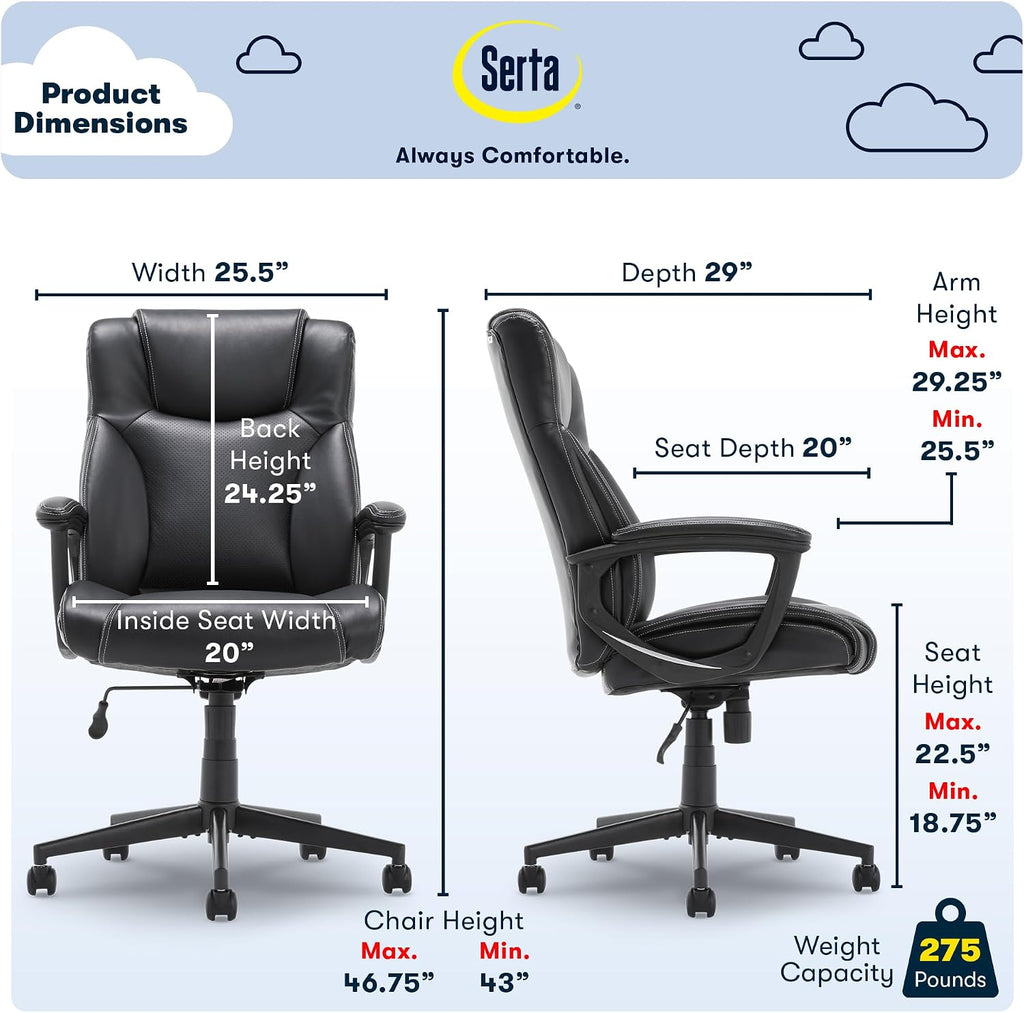 Serta Connor Executive Office Chair, Ergonomic Computer Chair with Layered Body Pillows, Contoured Lumbar, Adjustable Seat Height, Bonded Leather, Black