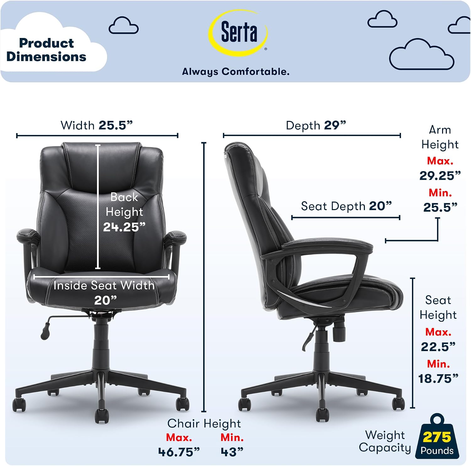 Serta Connor Executive Office Chair, Ergonomic Computer Chair with Layered Body Pillows, Contoured Lumbar, Adjustable Seat Height, Bonded Leather, Black