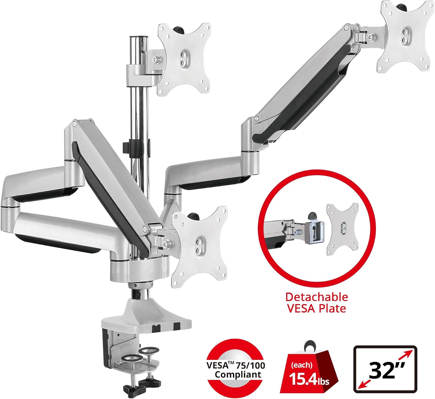 SIIG Triple Monitor Desk Mount-13 to 32',Silver,Premium Gas Spring,for Flat Panel/Curved Monitor,Fully Adjustable, 3 Display(s),Load Bearing 15.4 lbs max Each,VESA 75 x 75, 100 x 100 CE-MT3611-S1