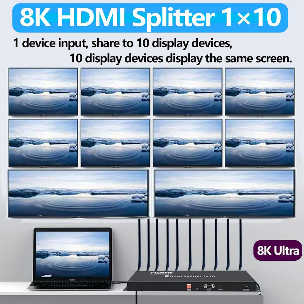 8K HDMI Splitter 1×10 HDMI2.1 Replicator Distributor 1 in 10 Out Affordable Splitter Multi-Monitor 8K@60Hz Full Ultra-HD Supports EDID RS232 Rest Button 3D HDR 48Gbps for Xbox PS4 DVD HDTV etc
