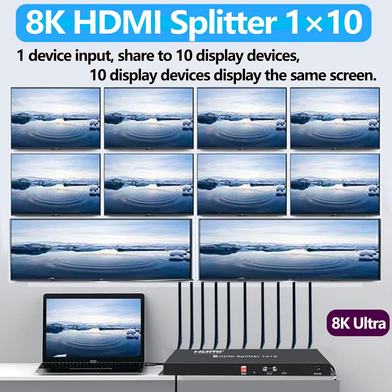 8K HDMI Splitter 1×10 HDMI2.1 Replicator Distributor 1 in 10 Out Affordable Splitter Multi-Monitor 8K@60Hz Full Ultra-HD Supports EDID RS232 Rest Button 3D HDR 48Gbps for Xbox PS4 DVD HDTV etc