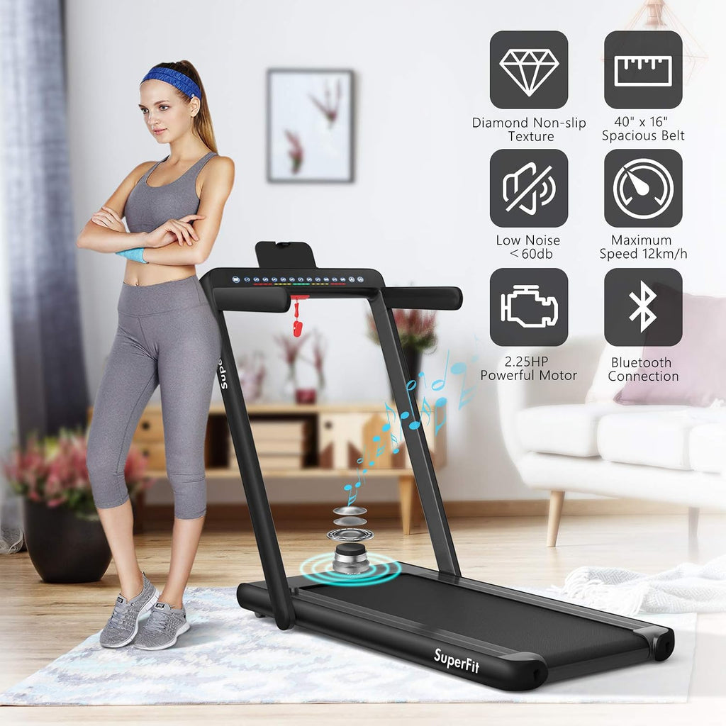 Goplus 2 in 1 Folding Treadmill with Dual Display, 2.25HP Superfit Under Desk Electric Pad Treadmill, Installation-Free, Blue Tooth Speaker, APP Control, Remote Control, Walking Jogging for Home