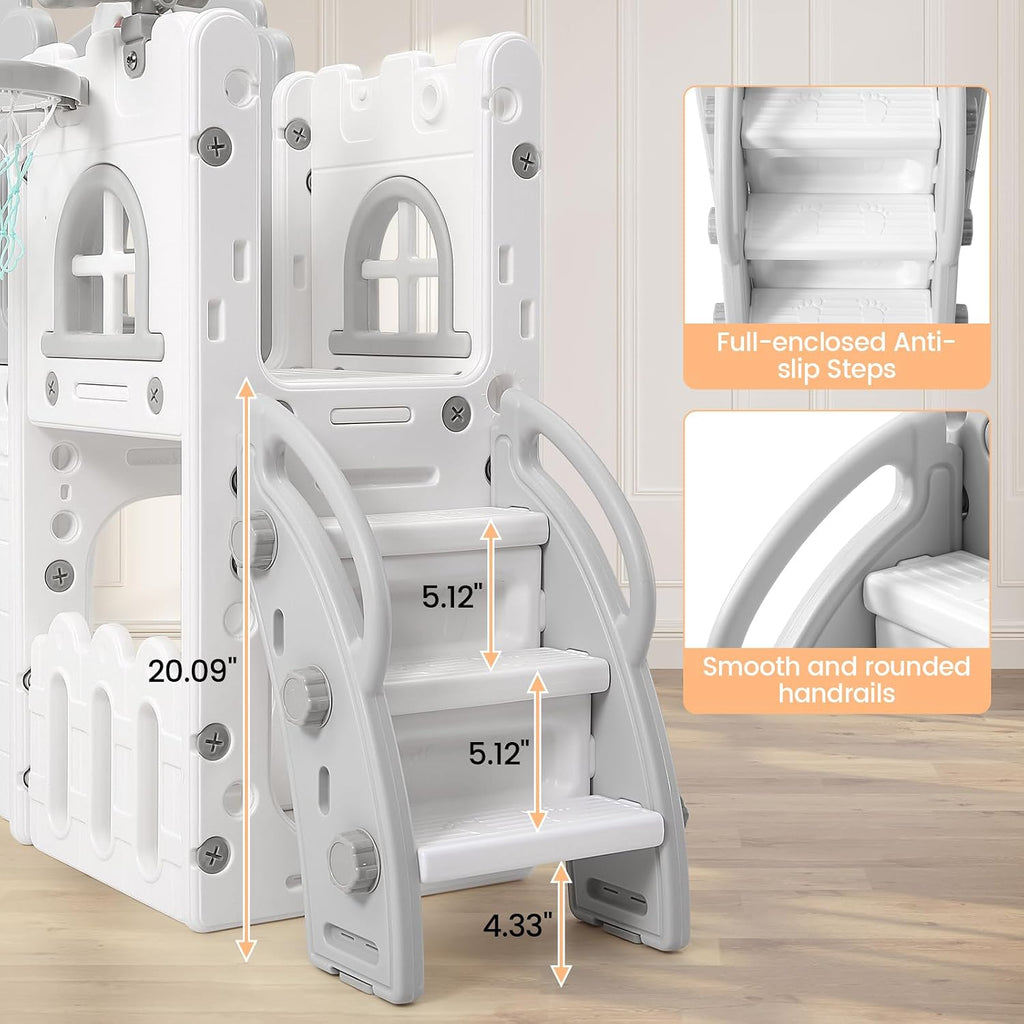 8 in 1 Toddler Slide Indoor Playground, Indoor Slide Toddler Playset for Toddlers 1-3, Kids Outdoor Playground with Basketball Hoop, Climber, Crawling Tunnel, Telescope, Toy Storage