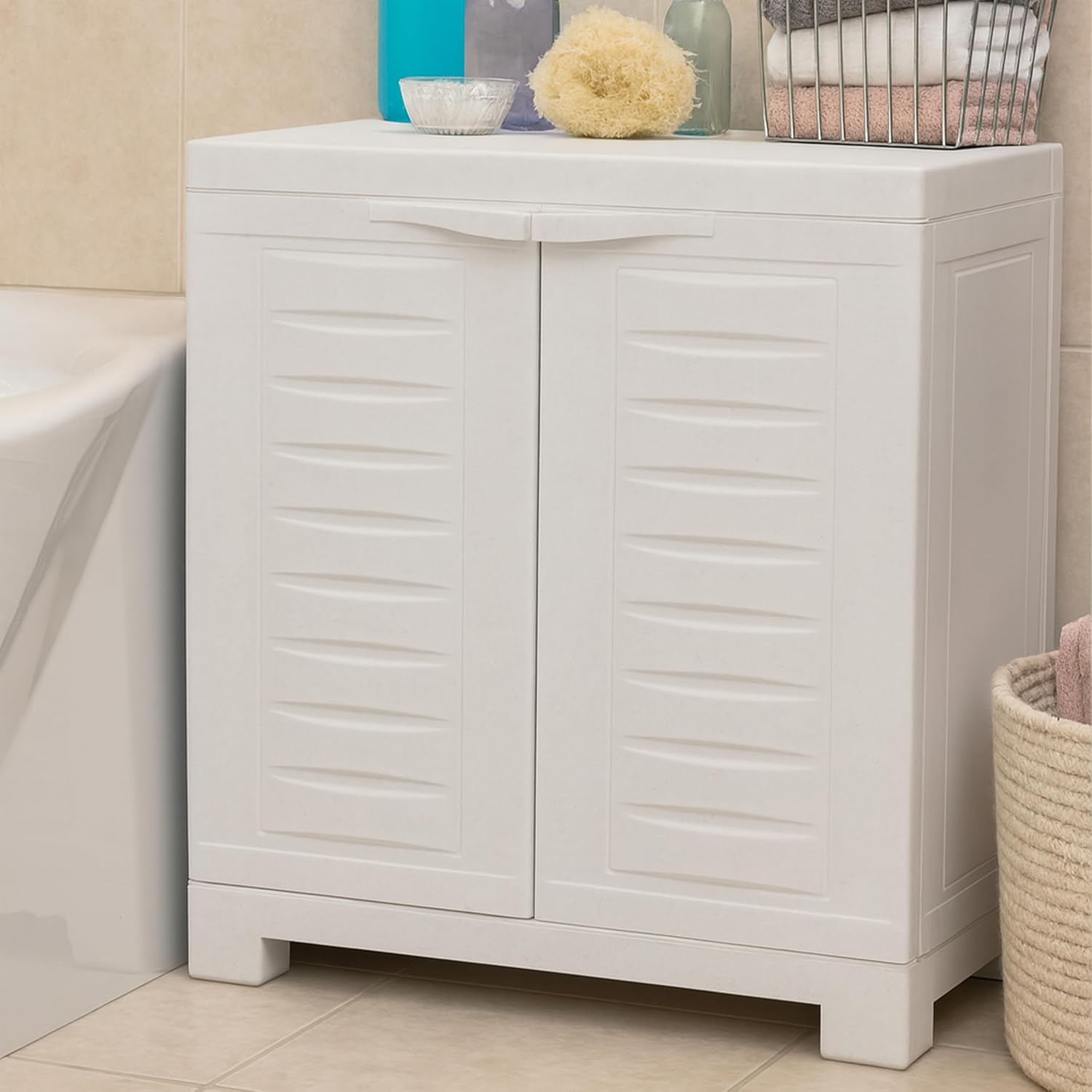 Sunnydaze 25.5' H Resin Garage Storage Cabinet - Garage Cabinet with Doors - Freestanding Utility Storage for Laundry Room, Office, Basement - Speckled White