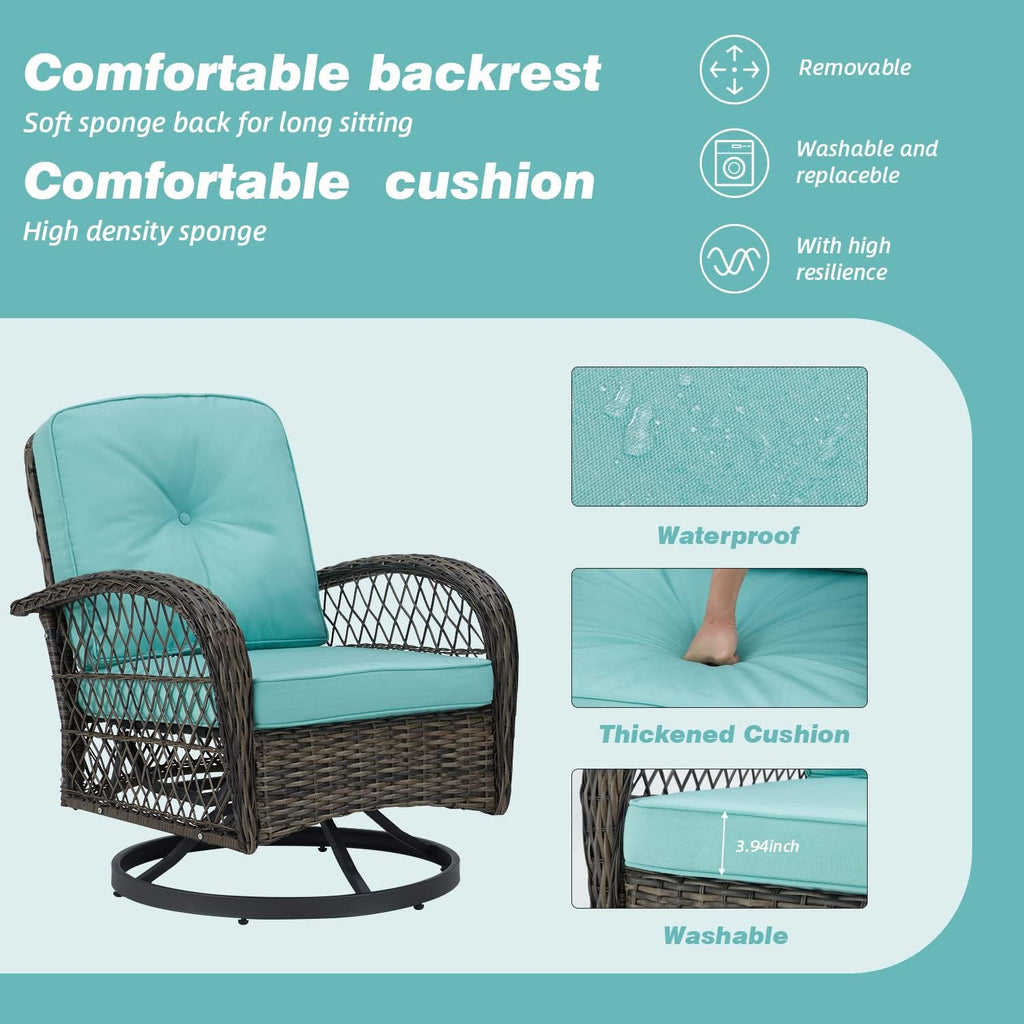 MELLCOM 3 Pieces Patio Furniture Set, Outdoor Swivel Rocker Patio Chairs, Wicker Patio Bistro Set with Rocking Chair, Thickened Cushions and Glass Coffee Table for Backyard, Garden, Peacock Blue