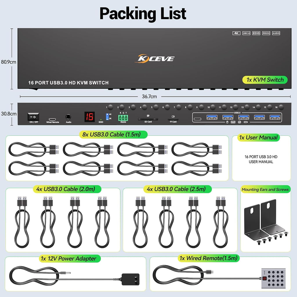 10 Port 8 Port 2 Monitors KVM Switch HDMI 4K@60Hz EDID Simulation, USB 3.0 Dual Monitor KVM Switch 2 Monitors 8 Computers 10 Computers,4 USB3.0 Ports, Audio,RS232,Wired Remote,12V Power,10 USB Cables