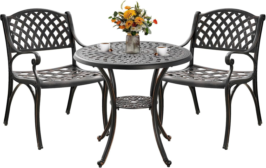 3 Piece Outdoor Dining Set,Cast Aluminum Bistro Set with Umbrella Hole, All Weather Patio Furniture Set, Small Patio Dining Set for Garden/Balcony/Deck, Bronze (Woven Backrest)