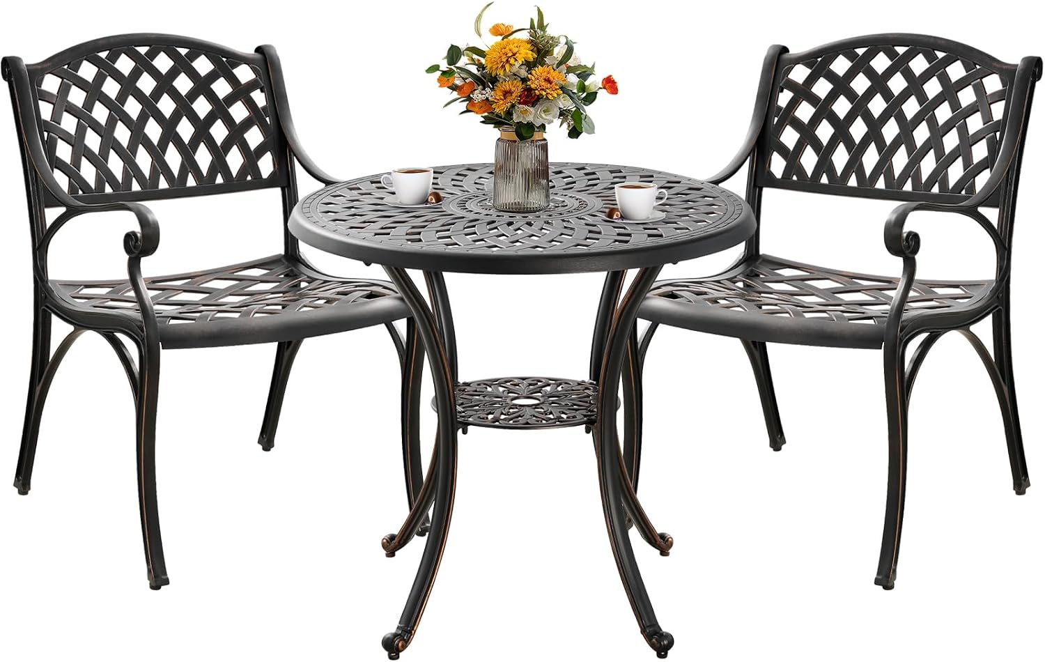 3 Piece Outdoor Dining Set,Cast Aluminum Bistro Set with Umbrella Hole, All Weather Patio Furniture Set, Small Patio Dining Set for Garden/Balcony/Deck, Bronze (Woven Backrest)